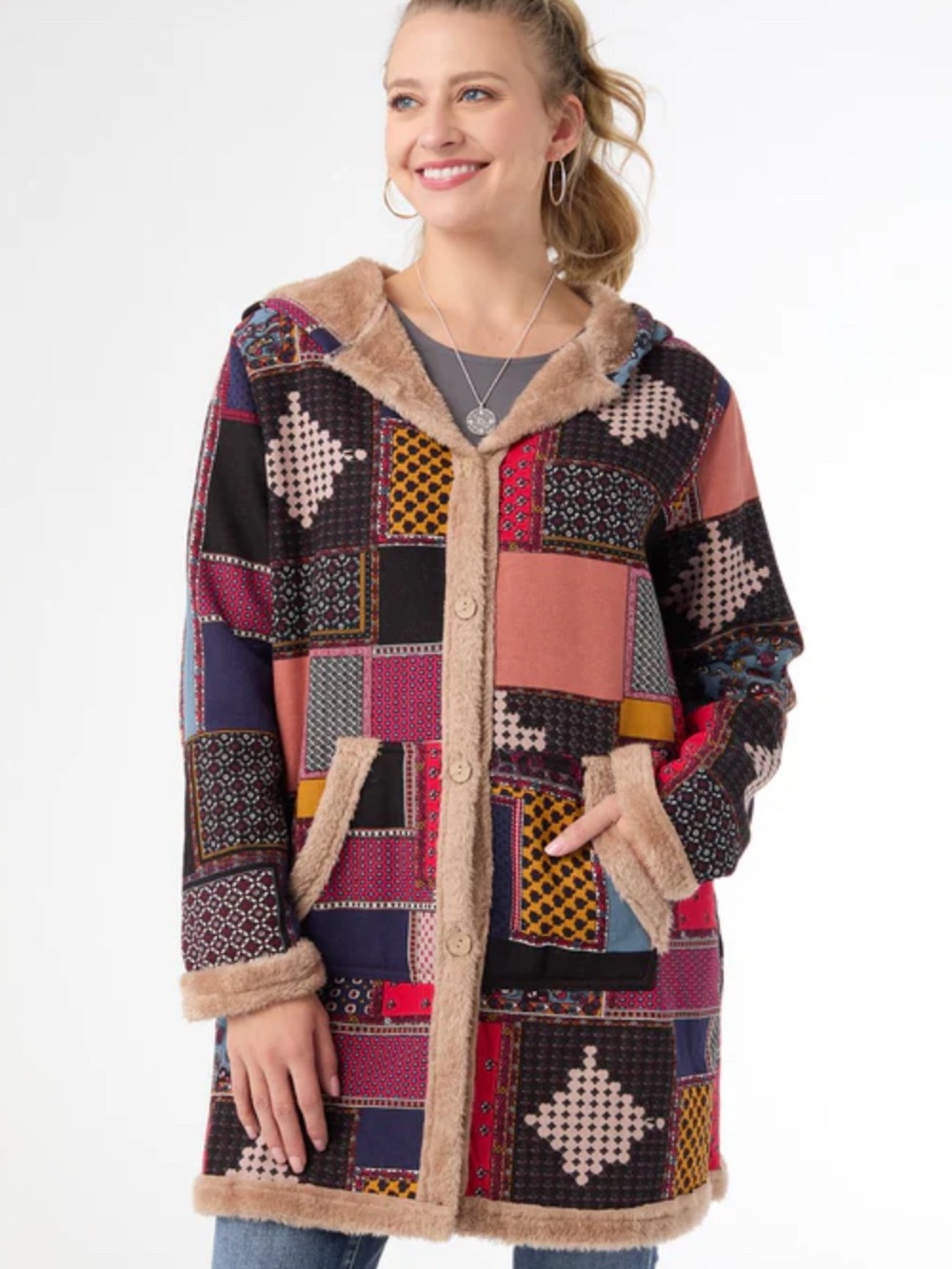 Multicolor Patchwork Jacket/Shacket with Faux Fur Lining